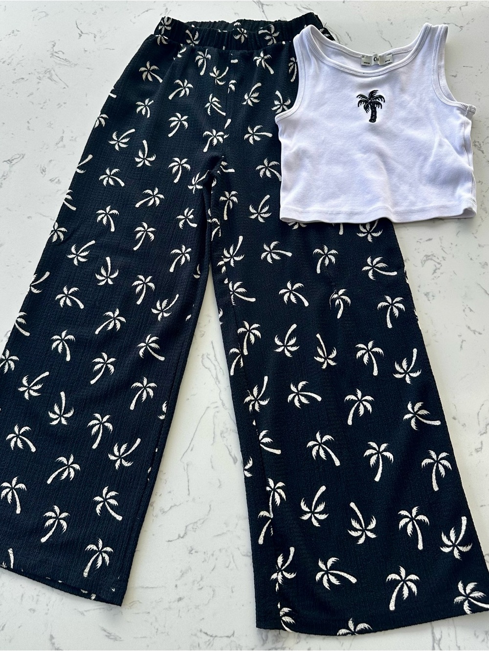 Kids Black Palm-Print Set with White Tank